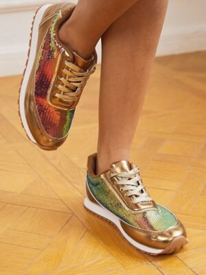 Trendy Casual Gold Metallic Sequin Sneakers - Image 9