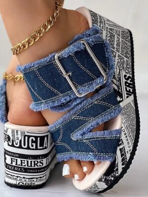 Trendy Chunky Denim Newspaper Print Platform Sandals - Image 1