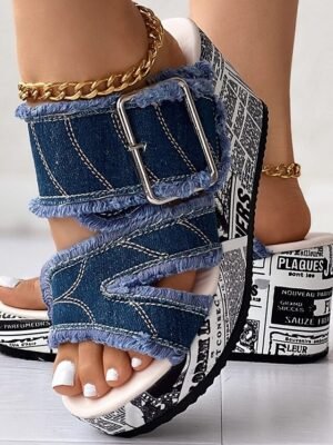 Trendy Chunky Denim Newspaper Print Platform Sandals - Image 5
