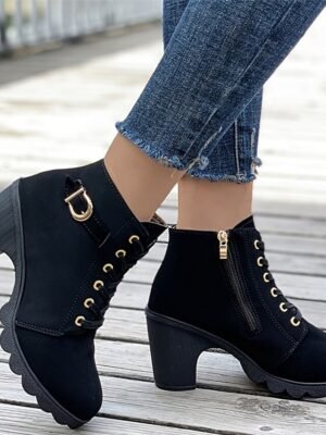 Trendy Chunky Heel Lace-Up Black Ankle Boots - Image 1