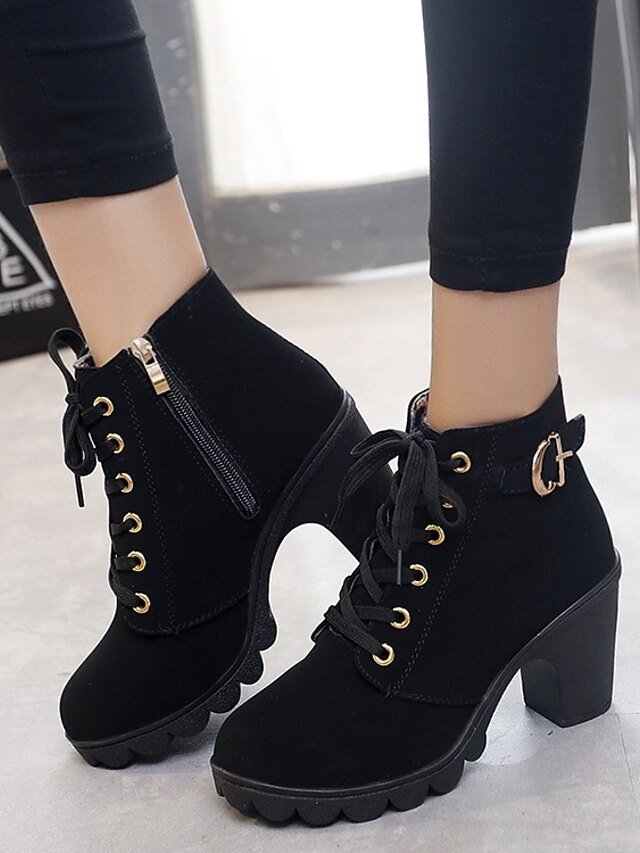 Trendy Chunky Heel Lace-Up Black Ankle Boots - Image 3