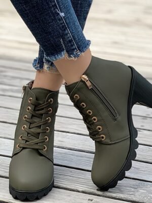 Trendy Chunky Heel Lace-Up Black Ankle Boots - Image 5