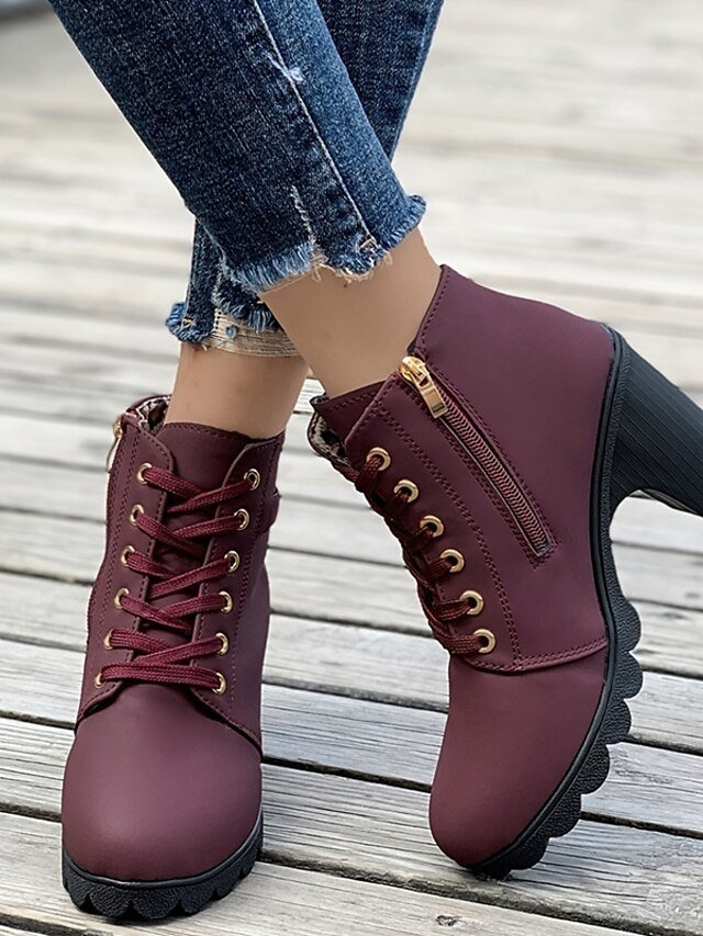 Trendy Chunky Heel Lace-Up Black Ankle Boots - Image 8