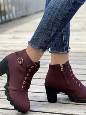 Trendy Chunky Heel Lace-Up Black Ankle Boots - Image 9