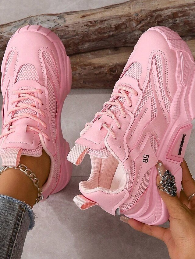 Trendy Chunky Pink Mesh Athletic Casual Sneakers - Image 1