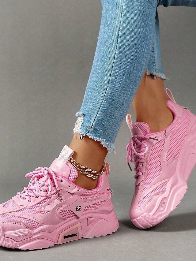 Trendy Chunky Pink Mesh Athletic Casual Sneakers - Image 2