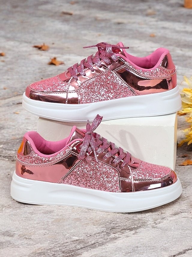 Trendy Lace-Up Silver Glitter Metallic Sneakers - Image 1