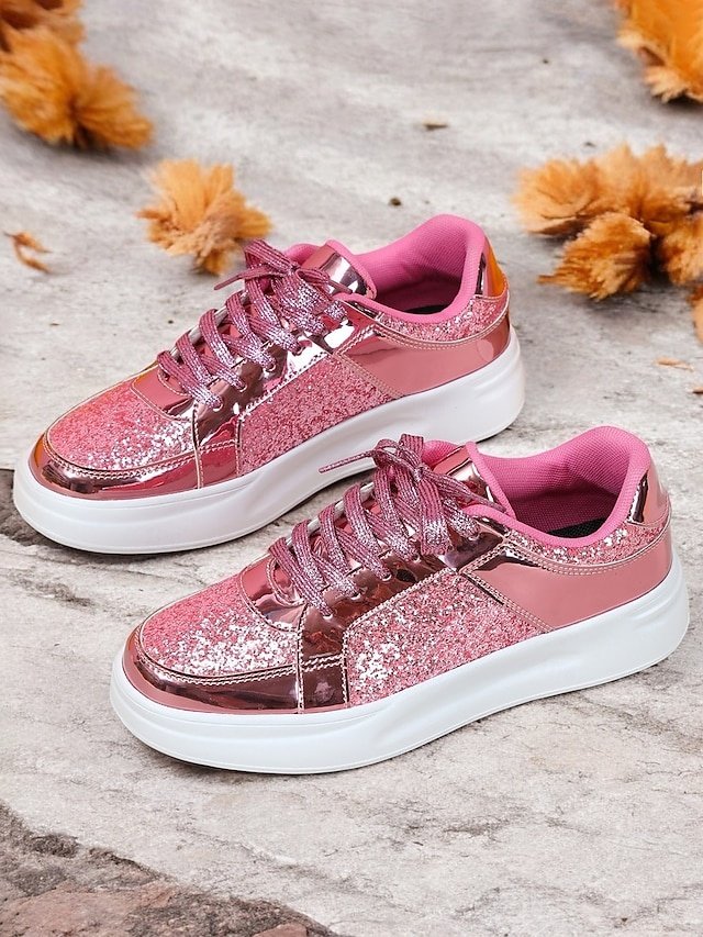 Trendy Lace-Up Silver Glitter Metallic Sneakers - Image 2