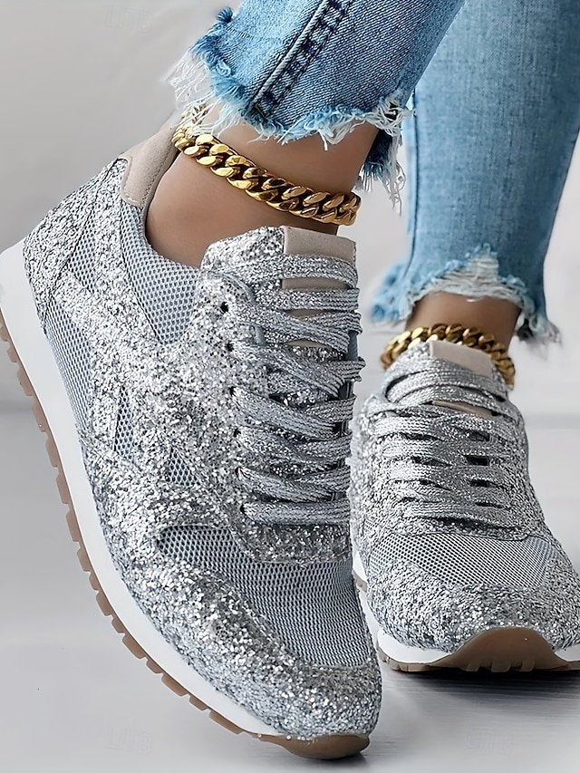 Trendy Round Toe Silver Glitter Lace-Up Sneakers - Image 2