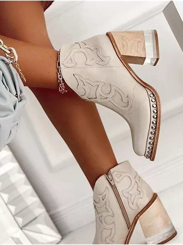 Trendy Studded Embroidered Leather Pointed Ankle Boots - Image 1