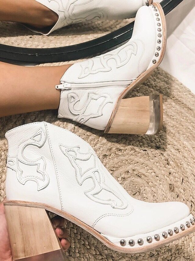 Trendy Studded Embroidered Leather Pointed Ankle Boots - Image 2