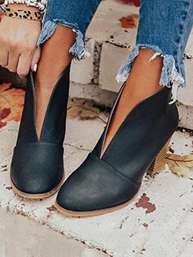 Trendy V-Cut Slip-On Chunky Block Heel Ankle Boots - Image 1