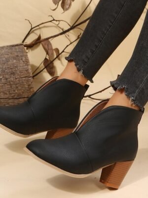 Trendy V-Cut Slip-On Chunky Block Heel Ankle Boots - Image 3