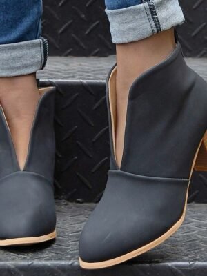 Trendy V-Cut Slip-On Chunky Block Heel Ankle Boots - Image 4