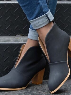 Trendy V-Cut Slip-On Chunky Block Heel Ankle Boots - Image 5