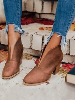 Trendy V-Cut Slip-On Chunky Block Heel Ankle Boots - Image 8