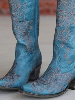 Turquoise Western Pointed Toe Floral Embroidery Cowboy Boots - Image 2