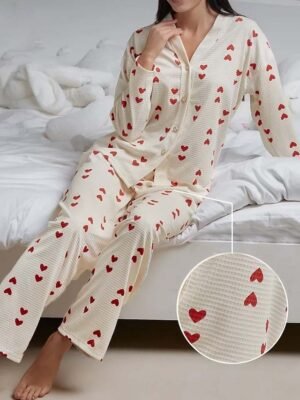 Valentine Casual Heart V Neck Long Sleeve Cardigan Pajama Set - Image 1