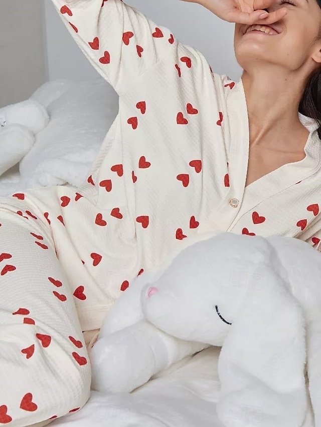 Valentine Casual Heart V Neck Long Sleeve Cardigan Pajama Set - Image 2