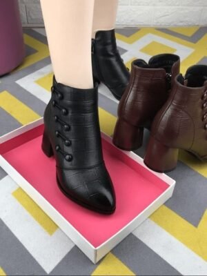 Victorian Ankle Textured Plaid Button Heeled Boots - Image 2