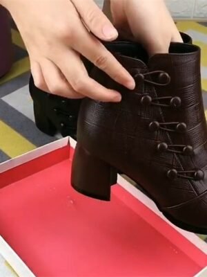 Victorian Ankle Textured Plaid Button Heeled Boots - Image 5