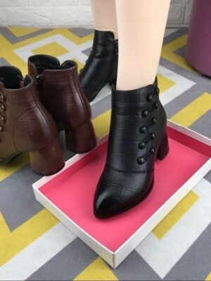 Victorian Ankle Textured Plaid Button Heeled Boots - Image 7