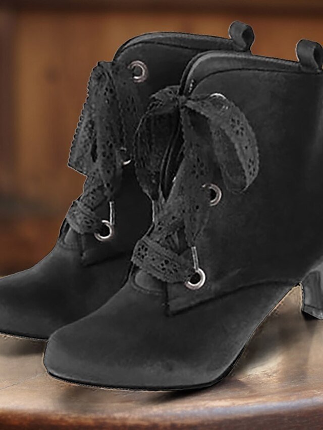 Victorian Lace-Up Mid-Heel Lace Detail Boots - Image 1