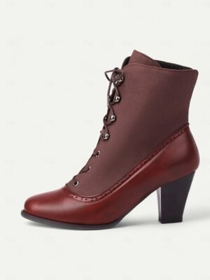Victorian Lace-Up Vintage Brogue Ankle Faux Leather Boots - Image 7