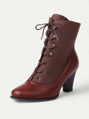 Victorian Lace-Up Vintage Brogue Ankle Faux Leather Boots - Image 8