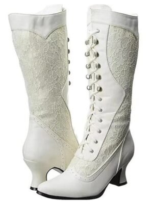 Victorian-Style Lace-Up Pointed Toe Mid Heel Boots - Image 3