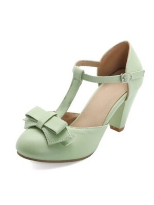 Vintage 1950s Mint Green Bow T-Strap Chunky Mid-Heel Pumps - Image 2