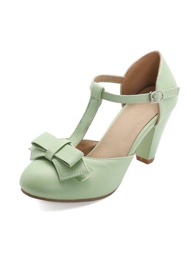 Vintage 1950s Mint Green Bow T-Strap Chunky Mid-Heel Pumps - Image 2