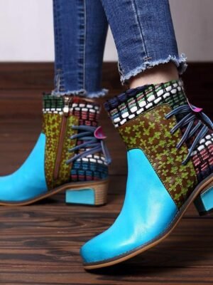 Vintage Boho Chic Colour Block Round Toe Ankle Boots - Image 5