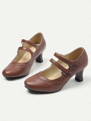 Vintage Brown Brogue Mary Jane Mid Heel Shoes - Image 2