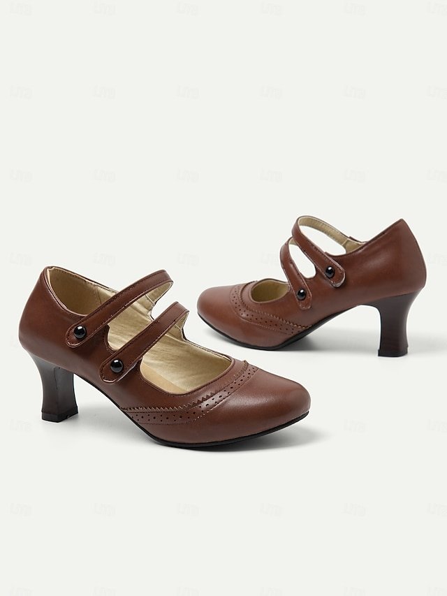 Vintage Brown Brogue Mary Jane Mid Heel Shoes - Image 3