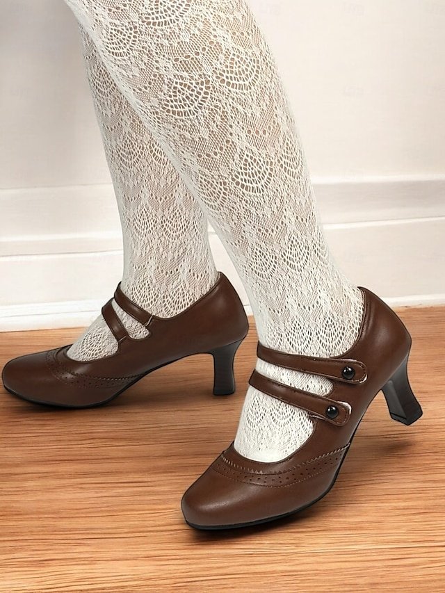 Vintage Brown Brogue Mary Jane Mid Heel Shoes - Image 6