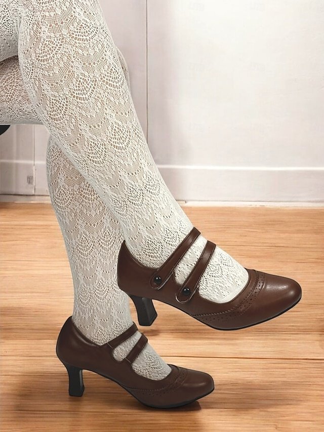 Vintage Brown Brogue Mary Jane Mid Heel Shoes - Image 7