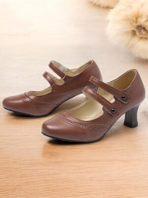Vintage Brown Brogue Mary Jane Mid Heel Shoes - Image 8