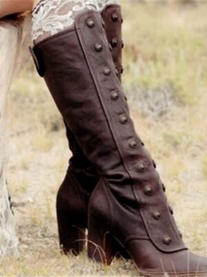 Vintage Brown Knee-High Leather Button Detail Block Heel Boots - Image 5