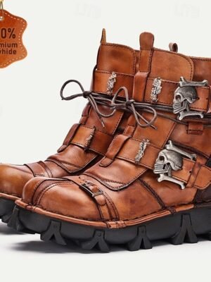 Vintage Brown Lace-Up Gothic Steampunk Skull Buckle Ankle Combat Boots - Image 1