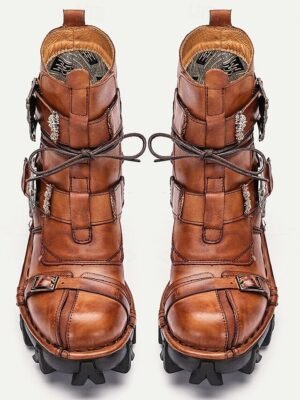 Vintage Brown Lace-Up Gothic Steampunk Skull Buckle Ankle Combat Boots - Image 2