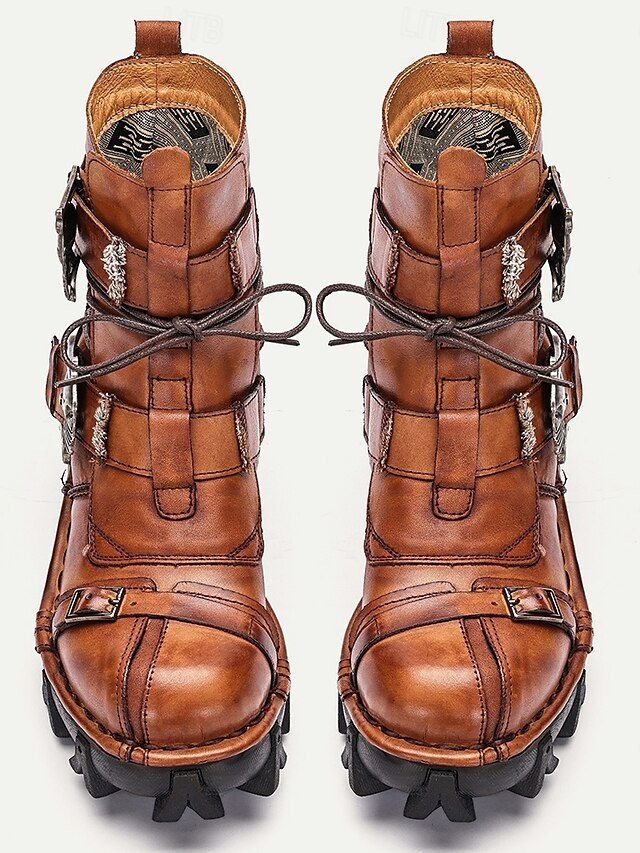 Vintage Brown Lace-Up Gothic Steampunk Skull Buckle Ankle Combat Boots - Image 2