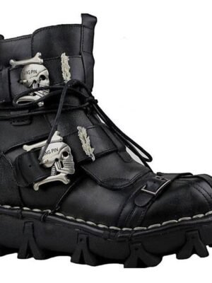 Vintage Brown Lace-Up Gothic Steampunk Skull Buckle Ankle Combat Boots - Image 8