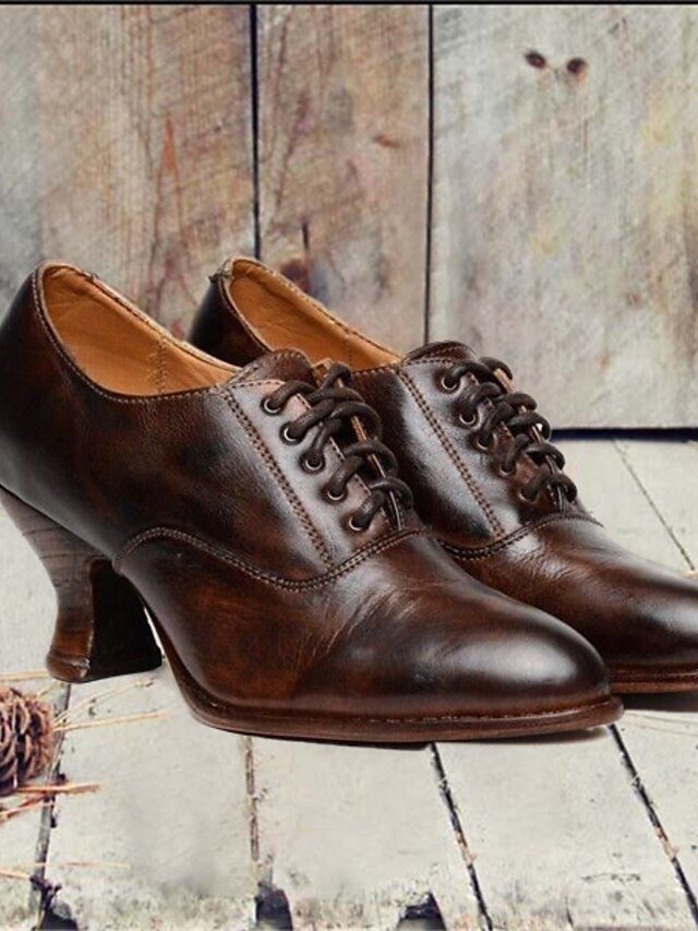 Vintage Brown Round Toe Lace-Up Heeled Oxford Shoes - Image 2