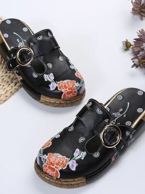 Vintage Casual Embroidered Slip-On Wedge Heeled Clogs - Image 3