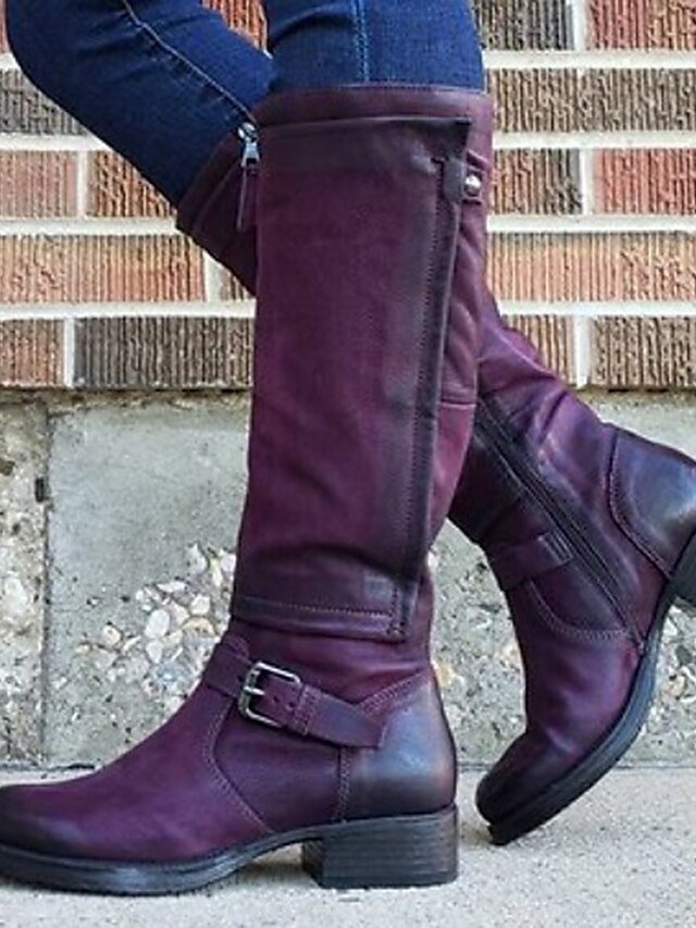Vintage Casual Knee-High Round Toe Buckle Riding Boots - Image 2