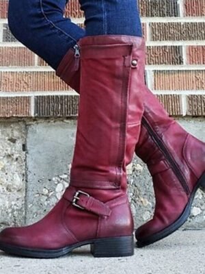 Vintage Casual Knee-High Round Toe Buckle Riding Boots - Image 5