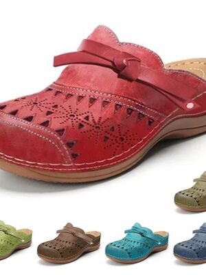 Vintage Casual Slip-On Red Faux Leather Laser-Cut Floral Clogs - Image 1