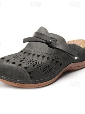 Vintage Casual Slip-On Red Faux Leather Laser-Cut Floral Clogs - Image 7