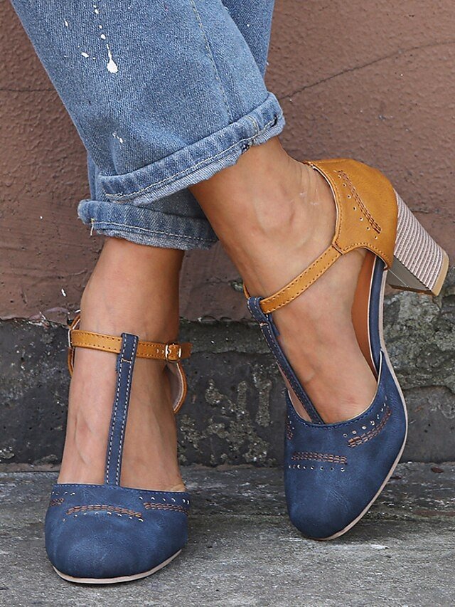 Vintage Casual Two-Tone Round Toe T-Strap Heeled Shoes - Image 1